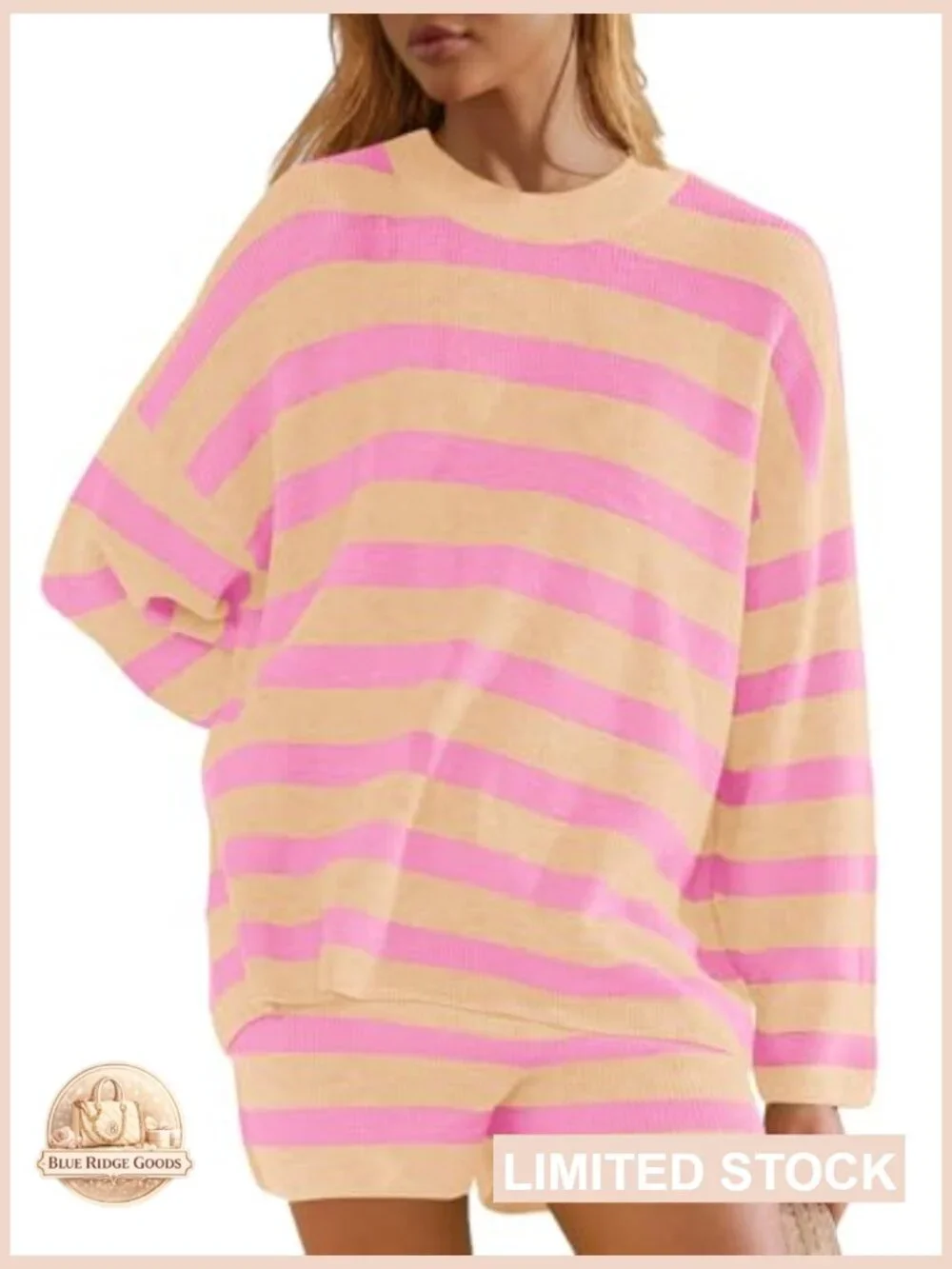Oversized Striped Sweater Set Matching Pajamas Long Sleeve Top and Comfy Shorts